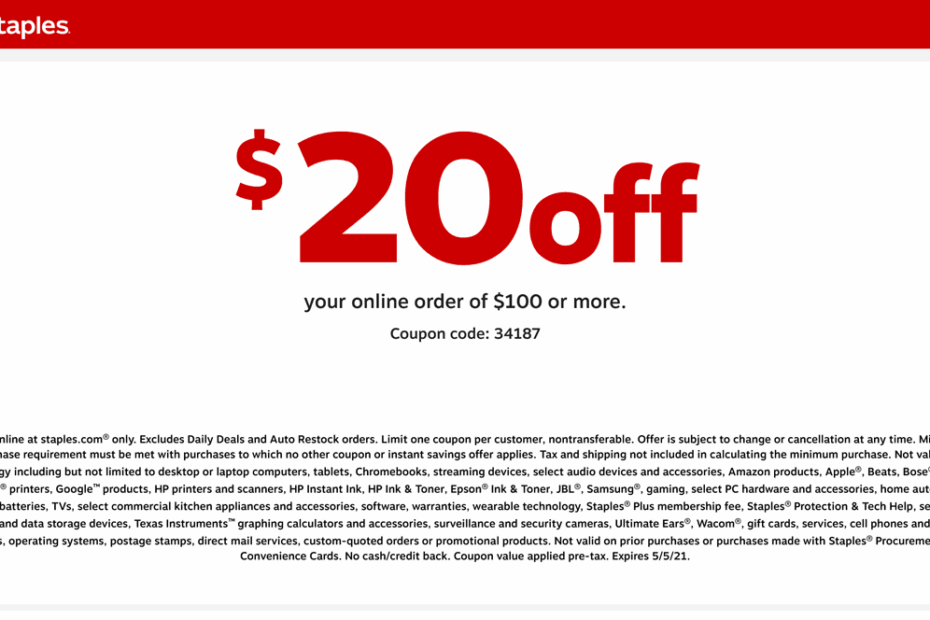 20 Off 100 Online At Staples Via Promo Code 34187 staples The