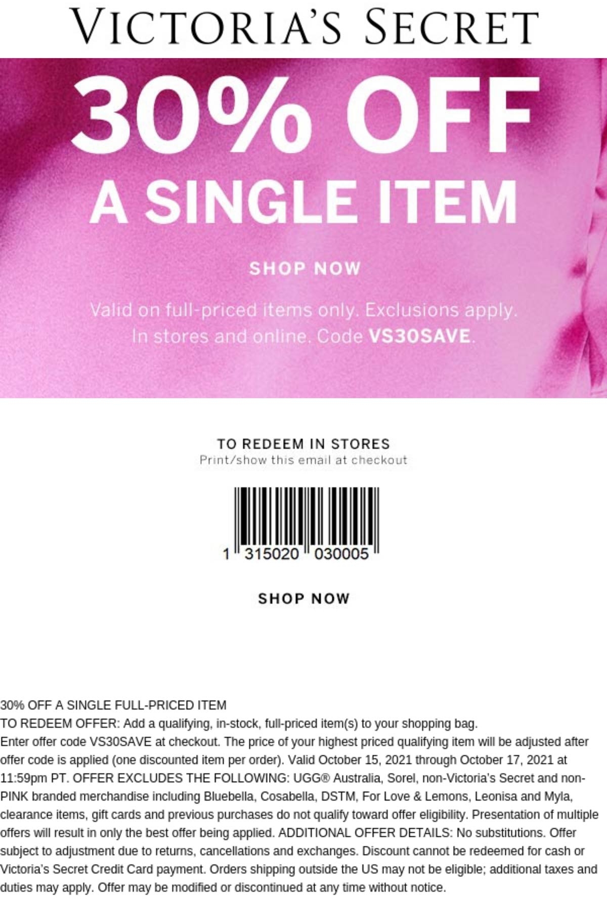 30 Off A Single Item At Victorias Secret Or Online Via Promo Code 