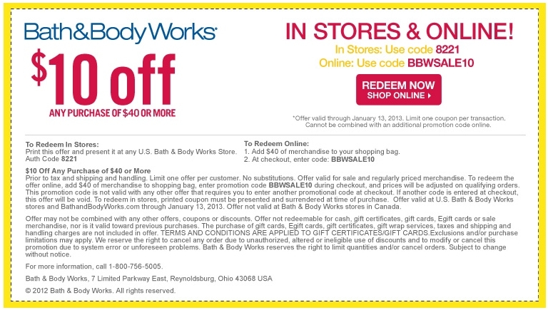 Bath And Body Works 10 OFF Printable Coupon Expires January 13 2013