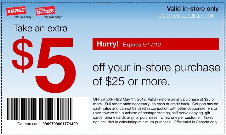 Canadian Daily Deals Staples 5 Off 25 Printable Coupon May 11 17 