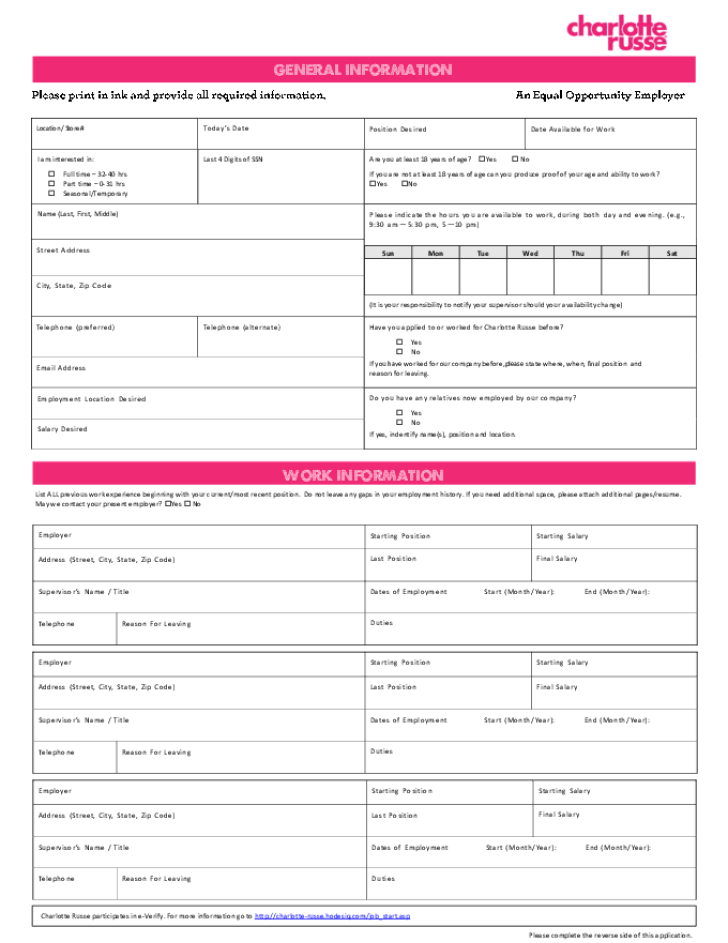 Charlotte Russe Printable Application Printable Application