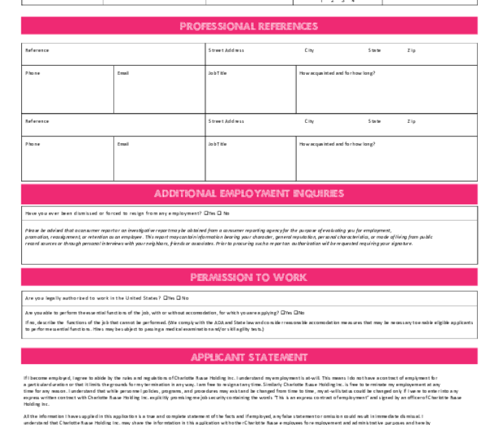 Charlotte Russe Printable Application Printable Application