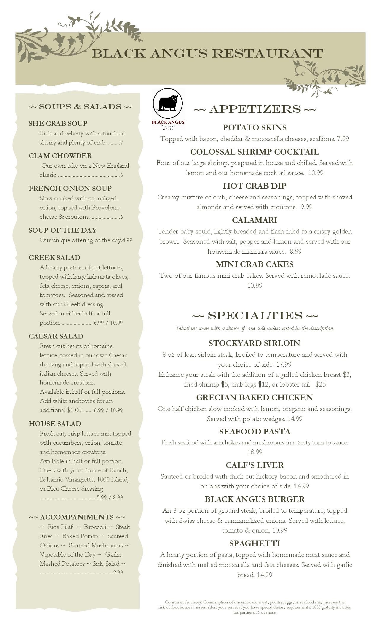 Dinner Menu Black Angus Restaurant And Catering