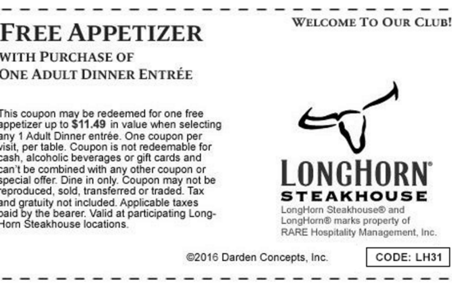 Longhorn Free Appetizer Printable Coupon