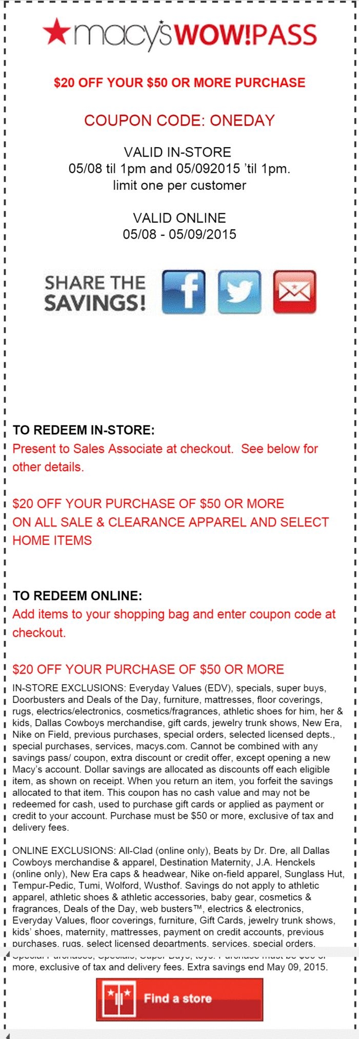 Macy 39 s Printable Coupon 20 Off 50 Purchase In Stores VALID IN STORE 