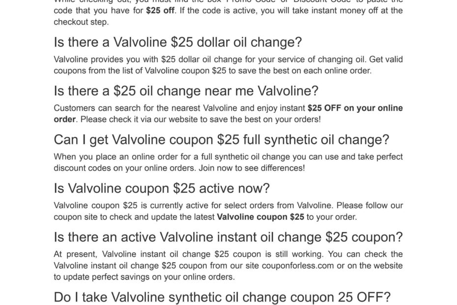 Printable Valvoline Oil Change Coupon